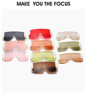 Vintage oversized square sunglasses with metal frame and rivet details, unisex design by VICKICOCO for Hot Trend Vault.