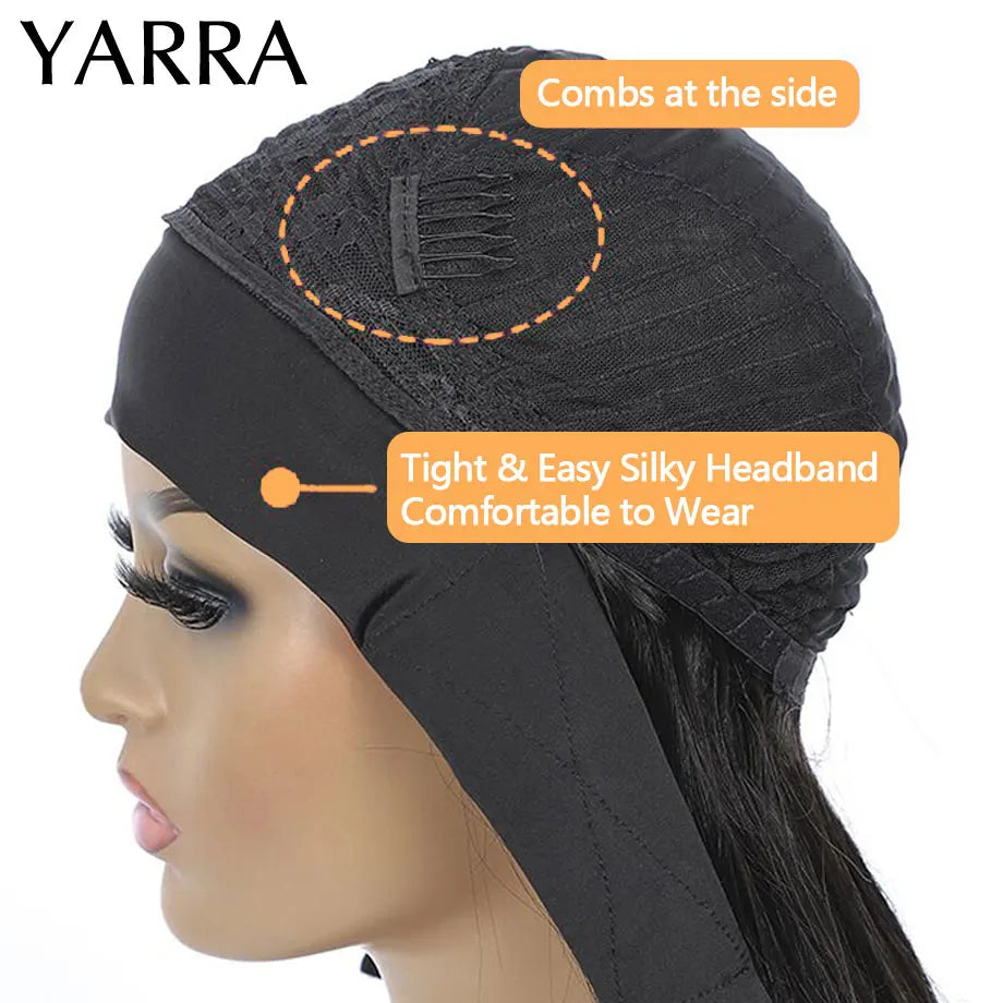 Hot Trend Vault Yarra Brazilian Kinky Curly Remy Headband Wig for women, showcasing the curly hair and headband style.