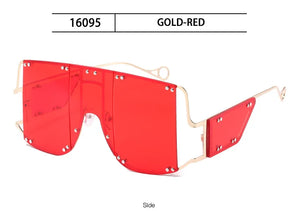 Oversized square sunglasses with vintage metal frame and rivet details, unisex design by VICKICOCO, part of Hot Trend Vault collection.