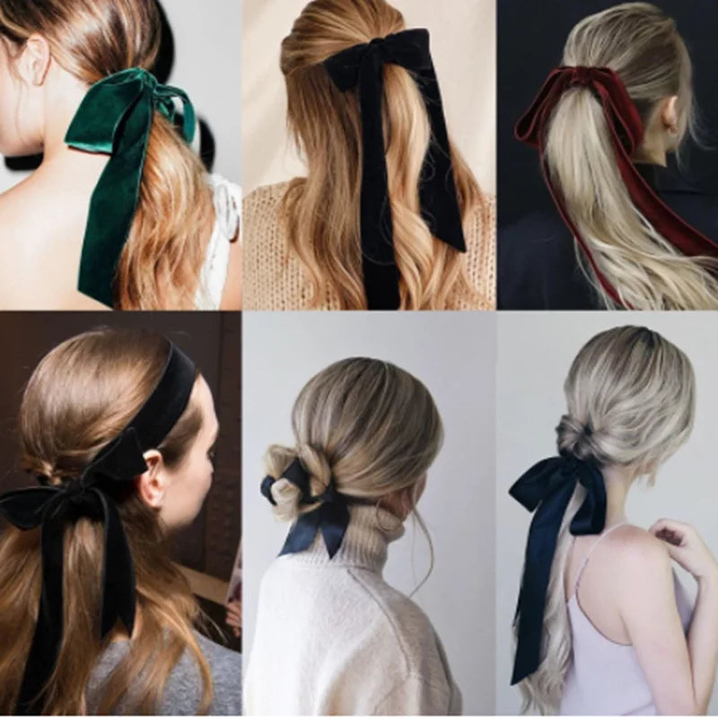 Velvet bow scrunchie hair tie by Hot Trend Vault, soft elastic accessory for women and girls, perfect for stylish hair styling