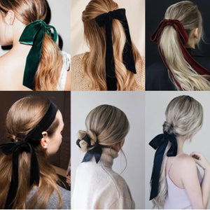 Velvet black bow scrunchie by Hot Trend Vault, elastic hair tie with vintage style for women and girls, perfect for hair accessories.