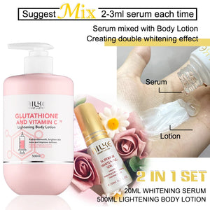 Hot Trend Vault AILKE whitening skin care set for all skin types with glutathione, featuring bottles of skincare products.