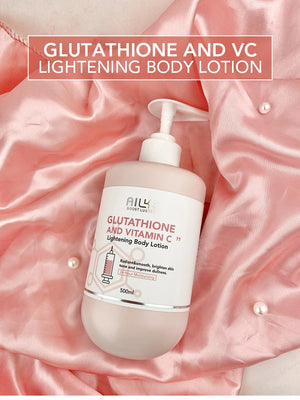 Hot Trend Vault AILKE Whitening Skin Care Set for all skin types with glutathione, featuring bottles of brightening skincare products.