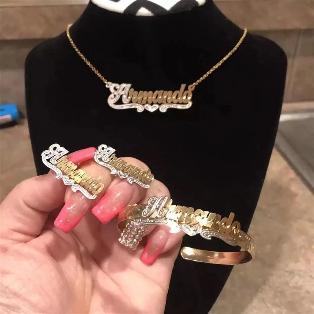 Custom Nameplate Bracelet Earrings Necklace Set Personalized Two-Color Bracelet Hiphop Name Jewelry Gift Dropshipping