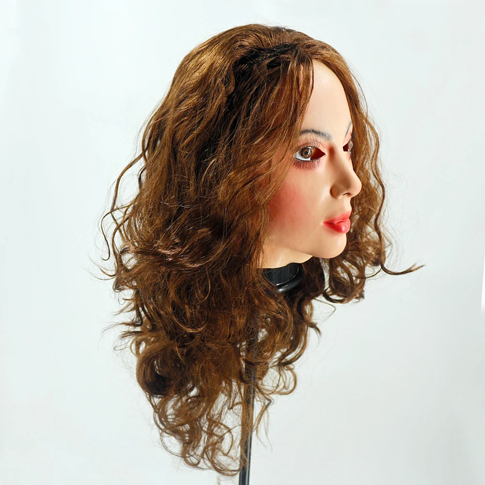 Realistic Female Latex Mask Woman Face Halloween Latex Mask with Wig Lady Crossdressing Sissy Transgender Costume