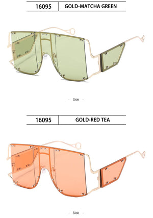Unisex oversized square sunglasses with vintage metal frame and rivet details, featuring a stylish design by VICKICOCO from Hot Trend Vault.