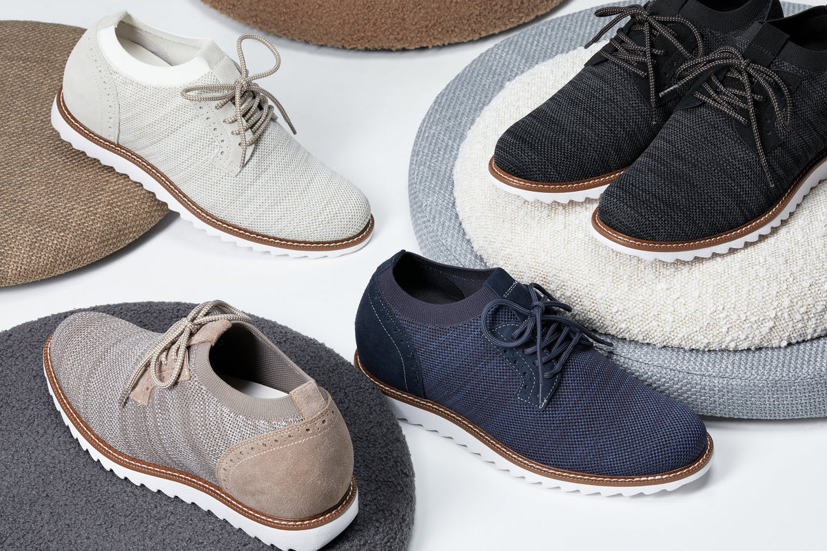 Men's navy height boost knit shoes by Hot Trend Vault, lightweight sneakers with a 3.2-inch lift for extra height.