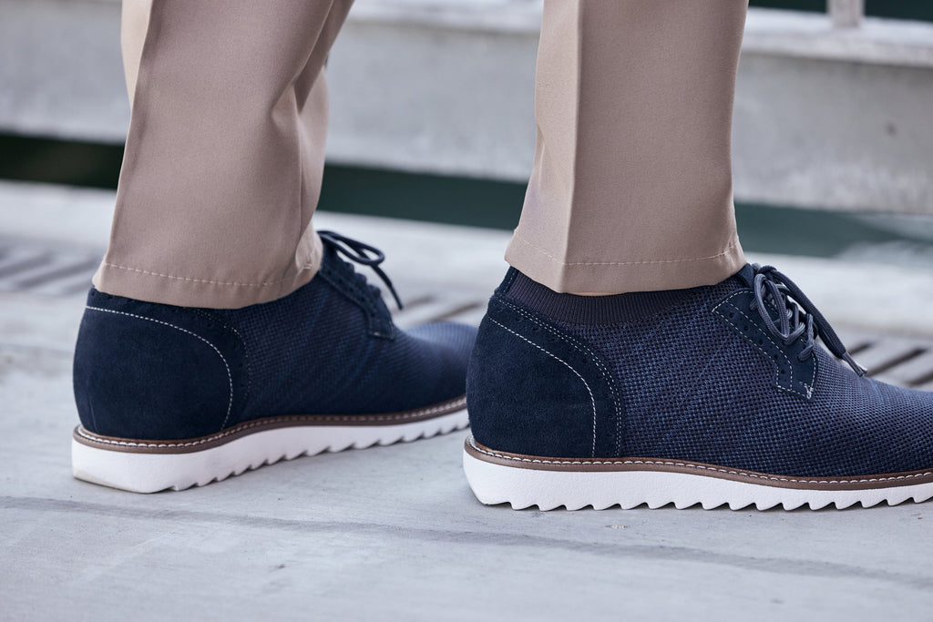 Mens navy CALTO J1507 lightweight height boost shoes with knit upper, designed to add 3.2 inches in height, by Hot Trend Vault.