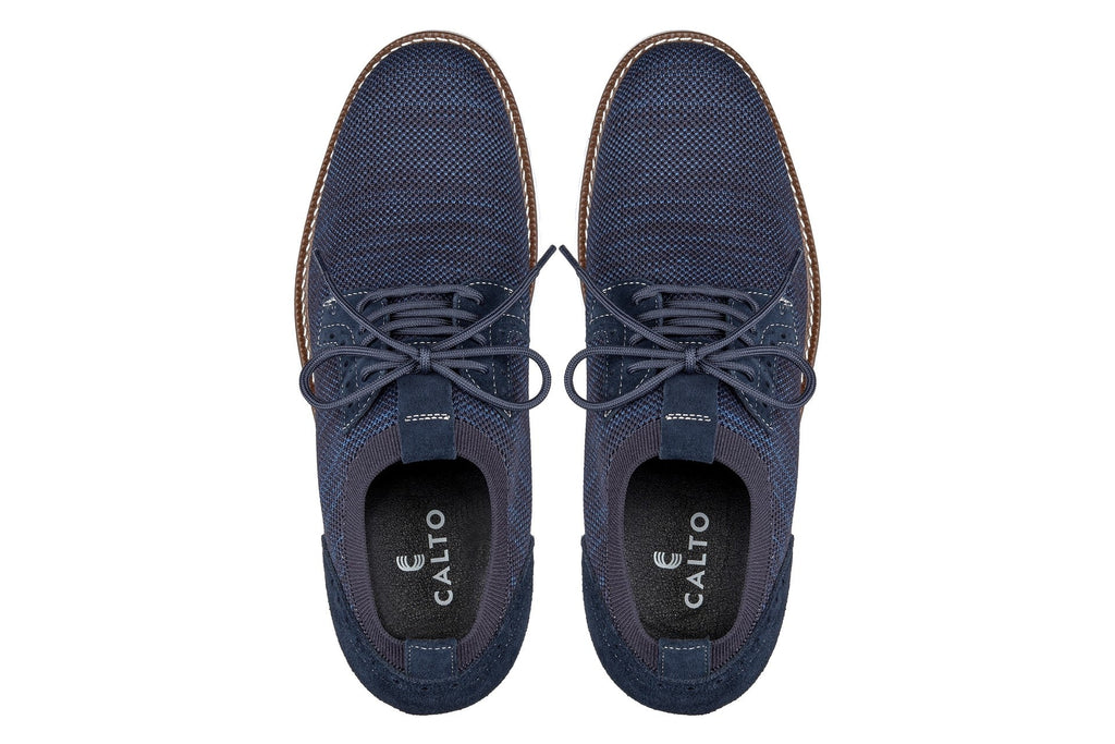 Men's navy CALTO J1507 lightweight shoes with knit upper and 3.2-inch height boost by Hot Trend Vault, stylish and comfortable.
