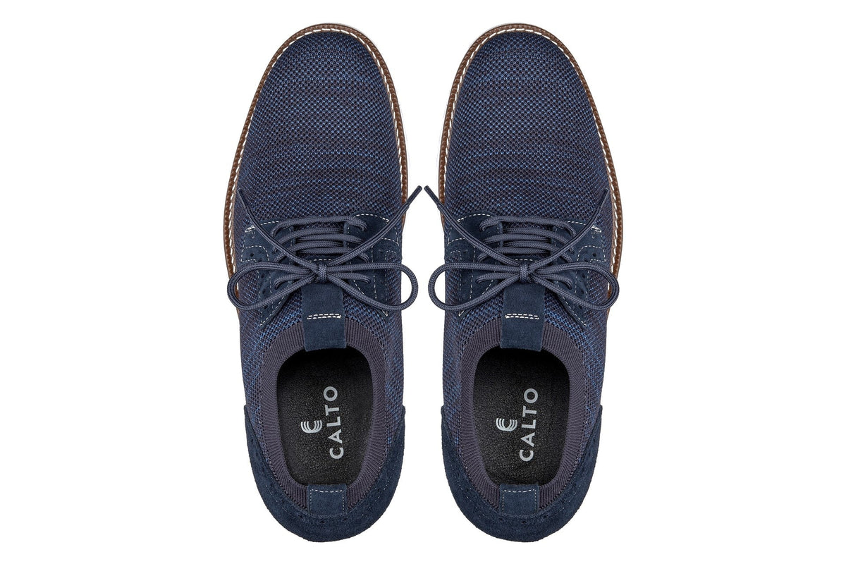 Men's navy CALTO J1507 lightweight shoes with knit upper and 3.2-inch height boost by Hot Trend Vault, stylish and comfortable.