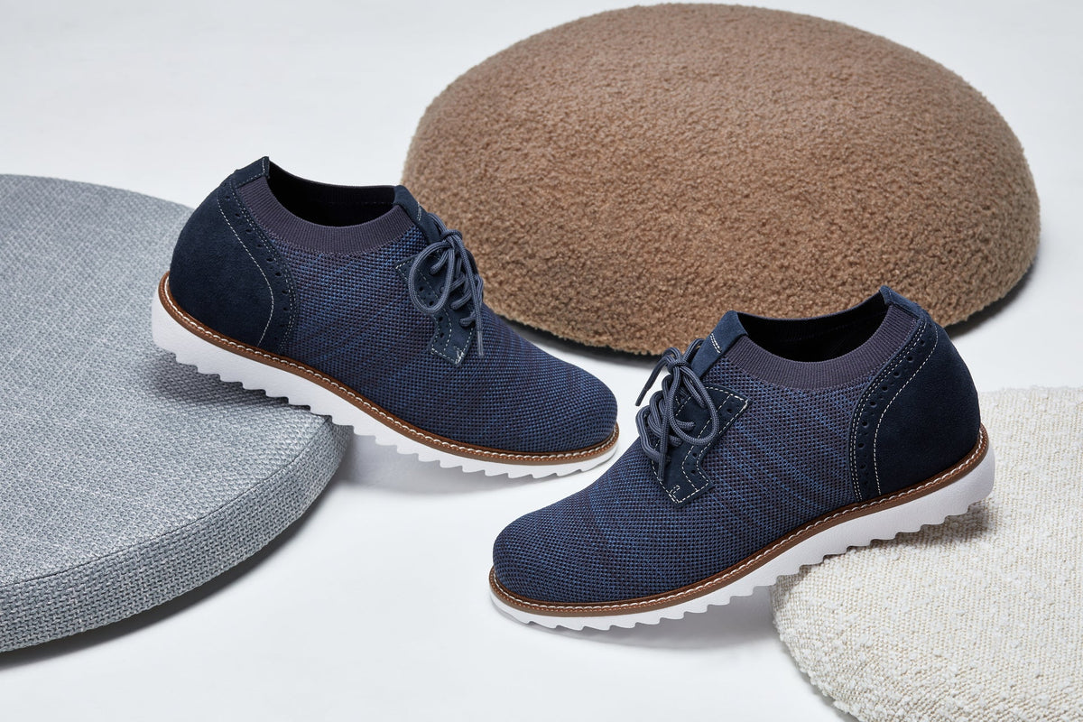 Men's navy height-boost knit shoes by Hot Trend Vault, lightweight with 3.2-inch lift, stylish and comfortable for everyday wear.