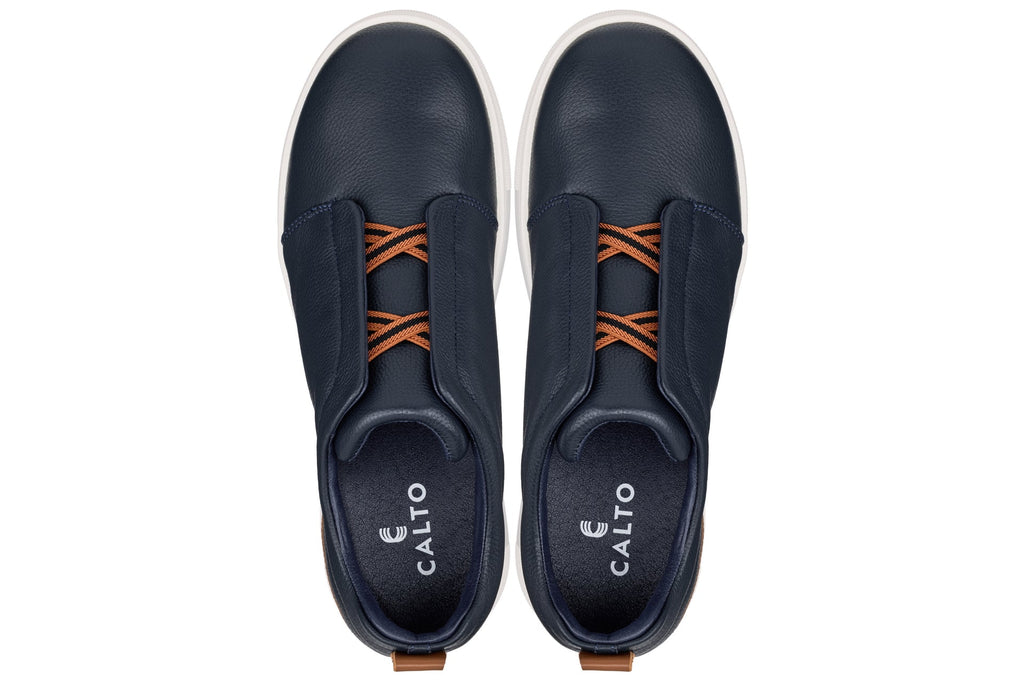 Navy CALTO J1934 slip-on sneakers by Hot Trend Vault, casual slip-ons with 2.6-inch height increase, comfortable and stylish.