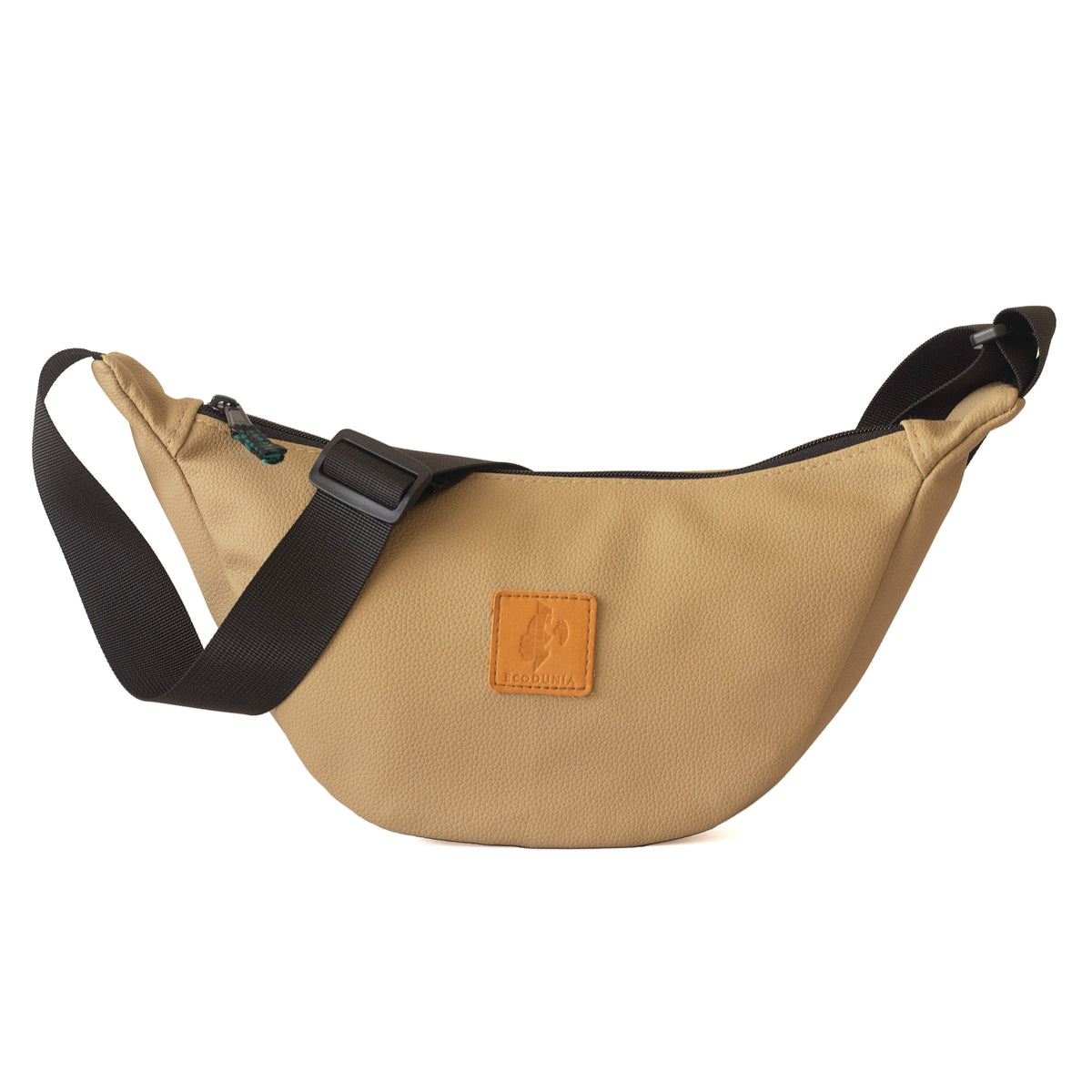 Mini vegan leather round shoulder bag by Ecodunia with Kenyan fabric lining, featuring a compact design and adjustable strap.