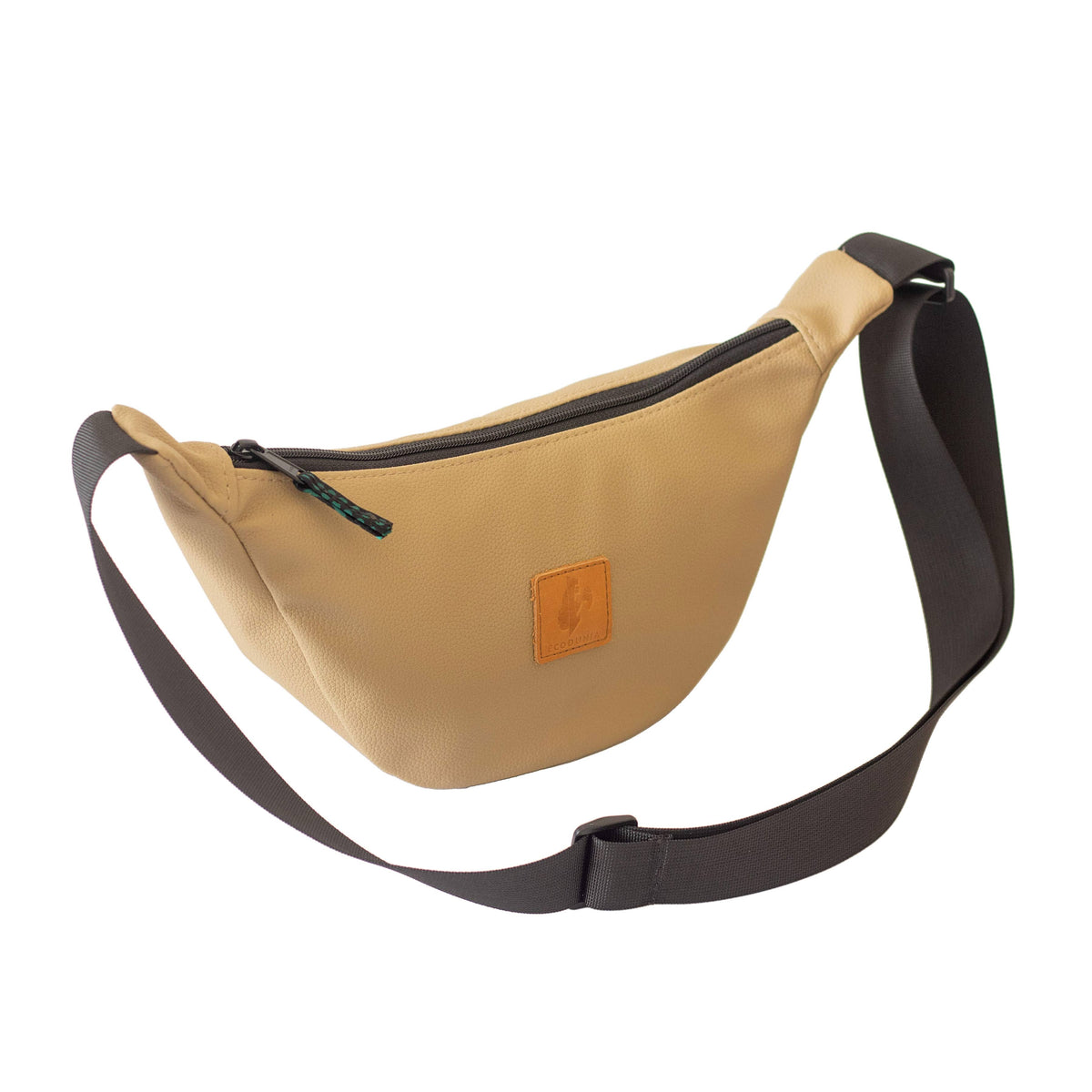 Latte round mini vegan leather shoulder bag with Kenyan fabric lining, stylish Ecodunia crossbody bag for casual wear.