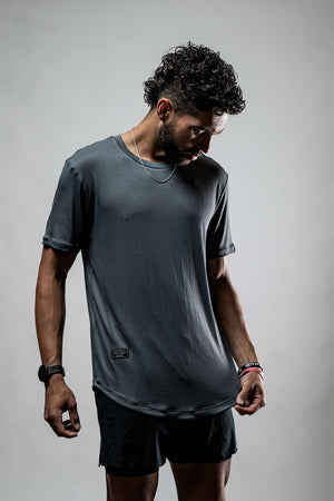 Men's Everyday Terra Tee in Onyx Drift by Hot Trend Vault, showcasing a comfortable bamboo shirt in black with a relaxed fit.