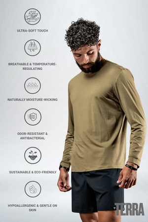 Men's Timber Performance Terra Recovery Field Shirt by Hot Trend Vault, long sleeve, lightweight fabric in amber color.