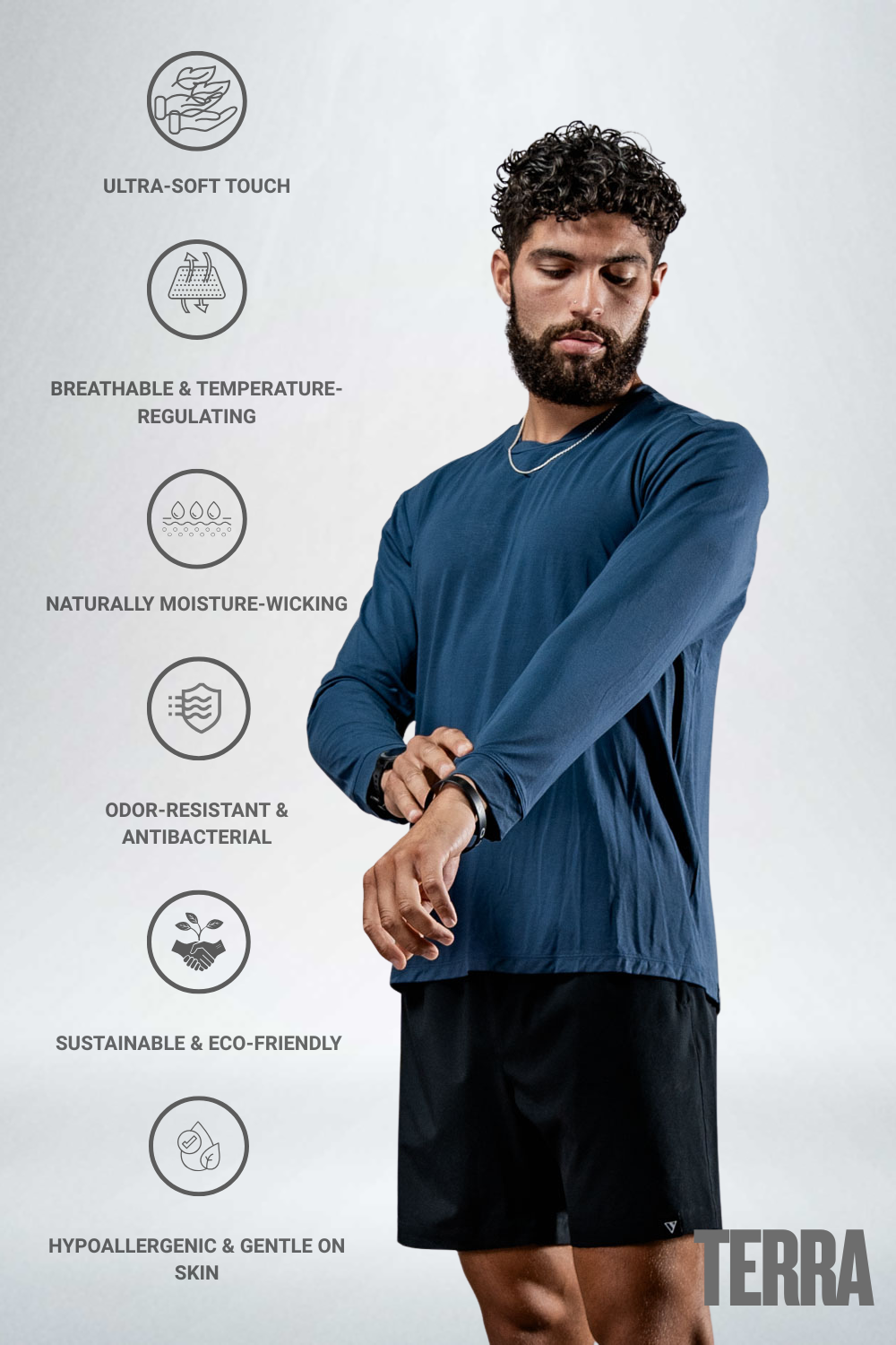 Men's Terra Recovery Field Shirt in deep blue by Hot Trend Vault, long sleeve design ideal for recovery and movement.