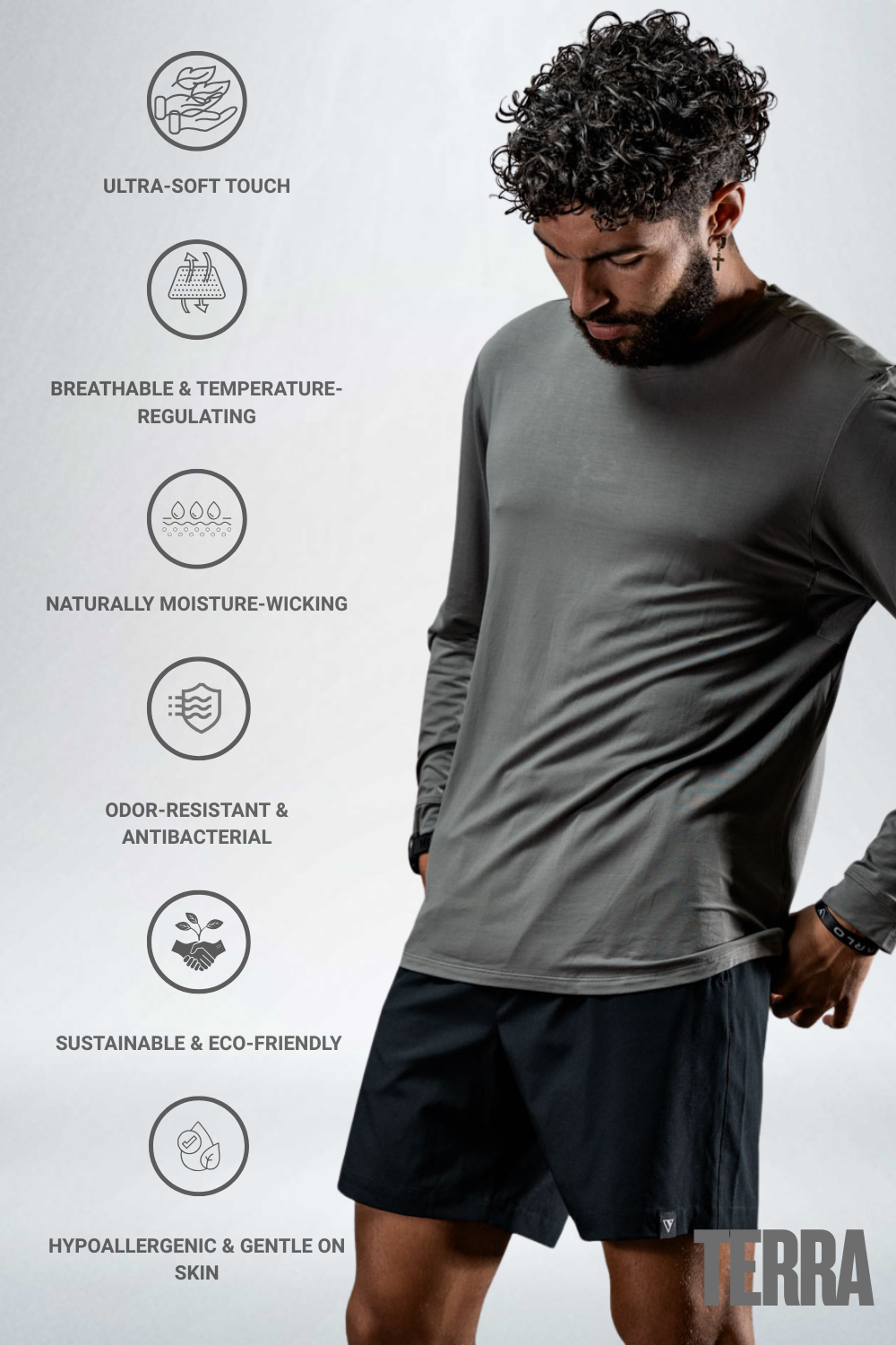 Men's Terra Recovery Field Shirt in stone gray, long sleeve crewneck by Hot Trend Vault, featuring a casual outdoor-inspired design.