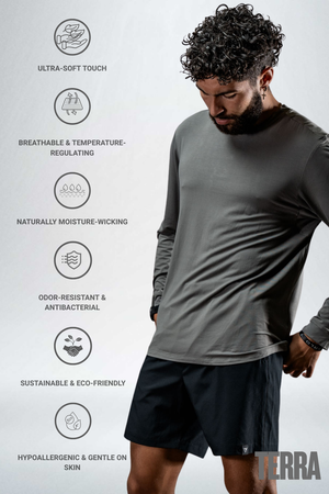Men's Terra Recovery Field Shirt by Hot Trend Vault, long sleeve crewneck in stone gray, shown in a close-up image.