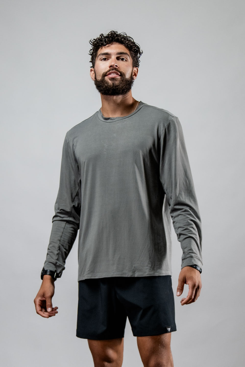 Men's Terra Recovery Field Shirt in stone gray, long sleeve crewneck by Hot Trend Vault, shown in a close-up image.