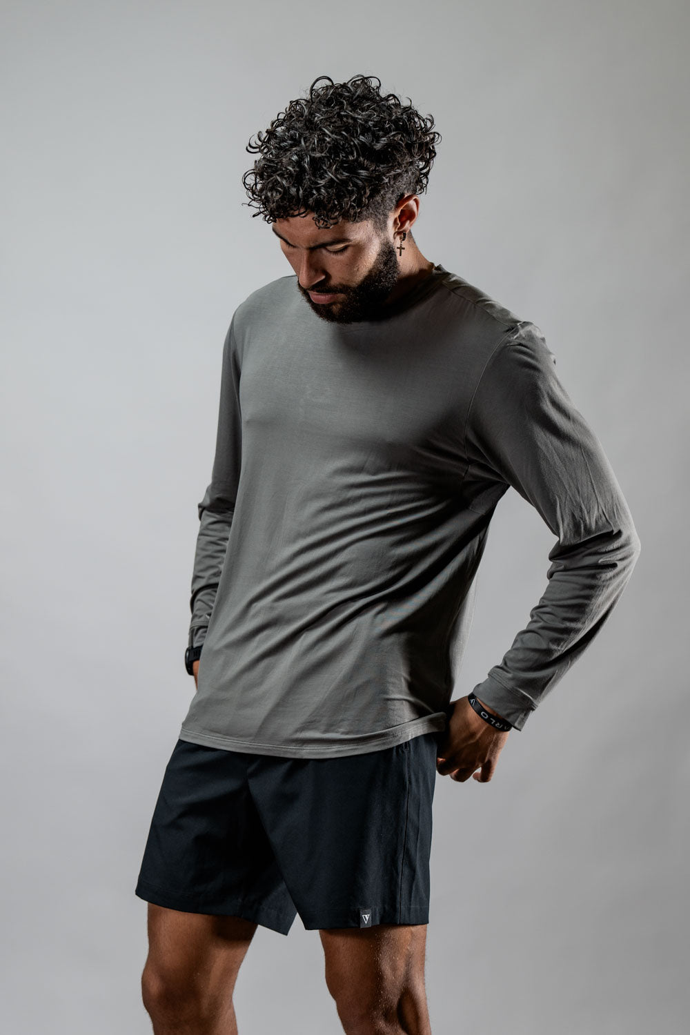 Men's Terra Recovery Field Shirt in stone gray, long sleeve crewneck by Hot Trend Vault, shown on a model.