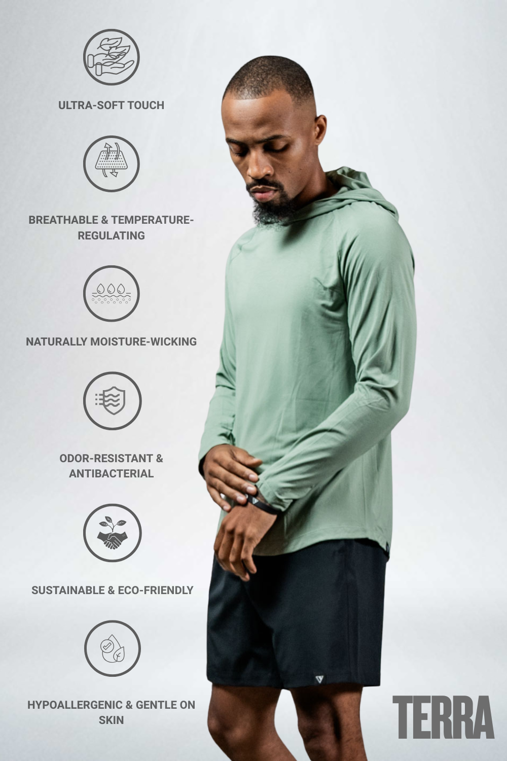 Men's Terra Recovery Element hoodie shirt in low light olive color, featuring a casual fit and hood, from Hot Trend Vault.