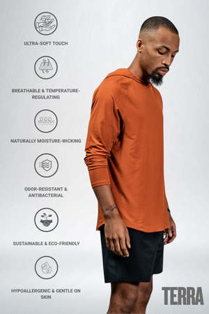 Men's Terra Recovery Element hoodie shirt in Sunfire Clay by Hot Trend Vault, featuring a comfortable hoodie design in olive clay color.