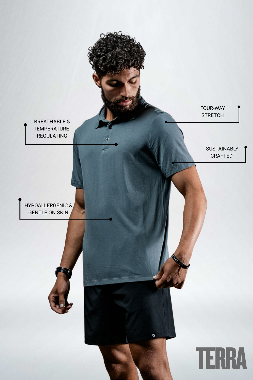 Men's Hot Trend Vault Terra Recovery Polo in ash gray, featuring comfortable fit and casual style, shown on a model.