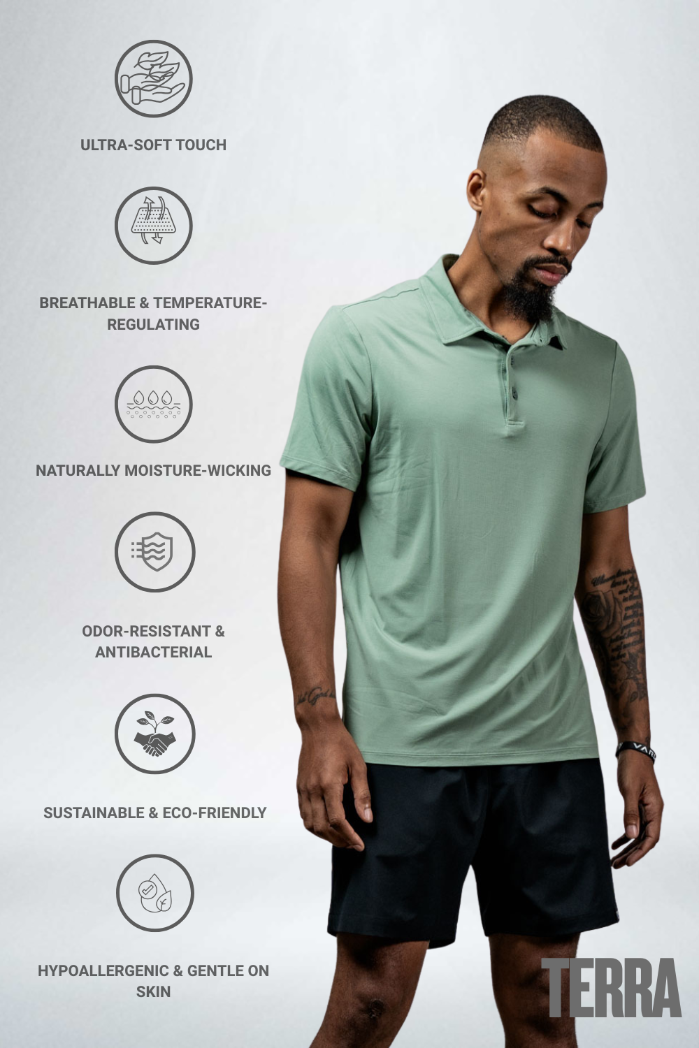 Men's Terra Recovery Polo in low light olive from Hot Trend Vault, featuring a casual fit and comfortable design.