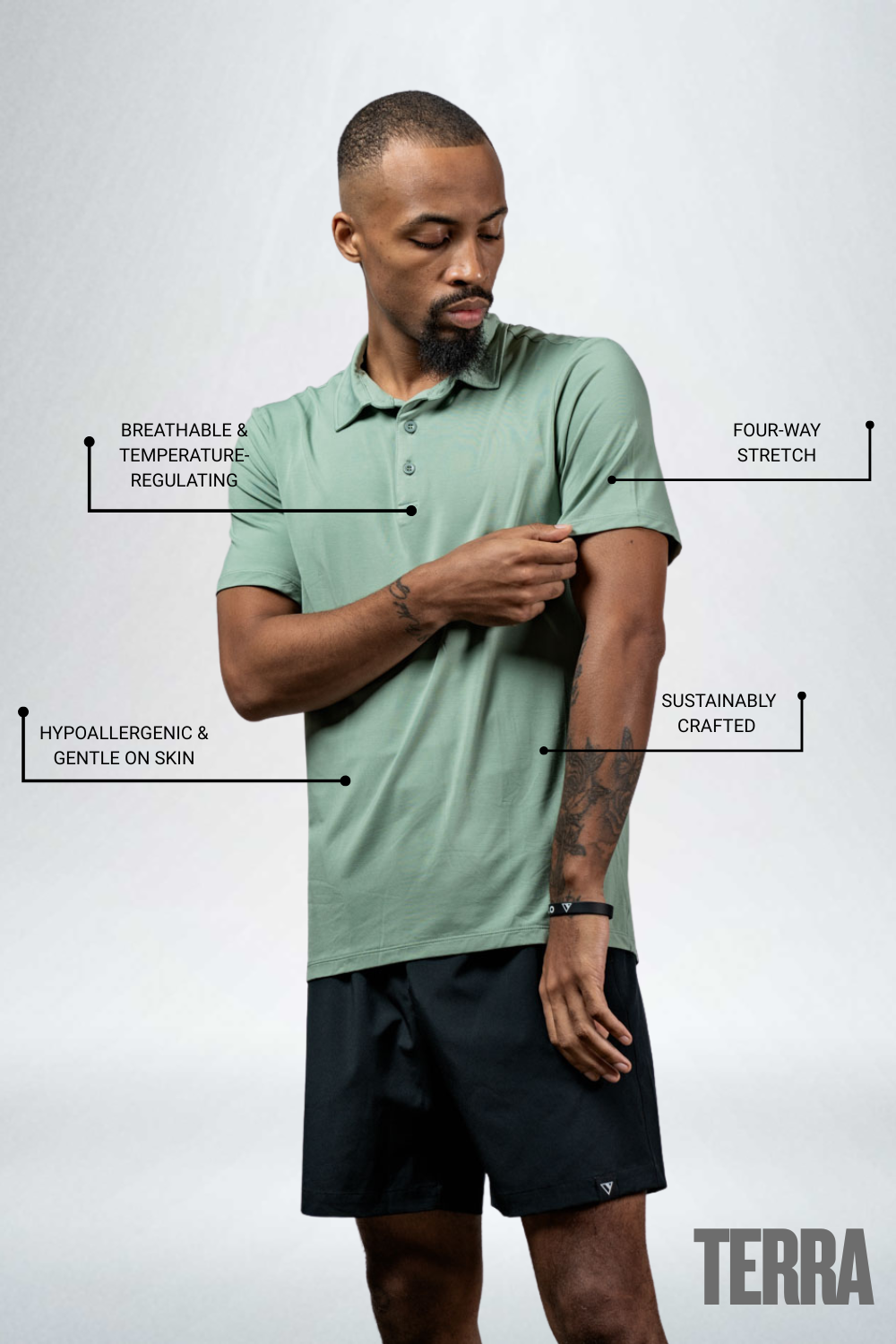 Men's Terra Recovery Polo by Hot Trend Vault in low light olive, showing a comfortable polo shirt with a classic collar and short sleeves.