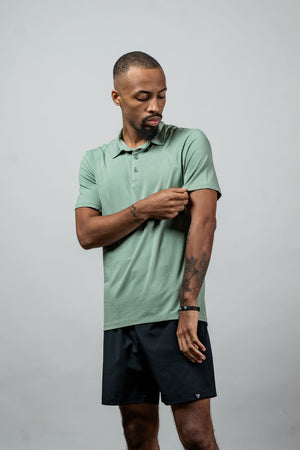 Men's Olive Terra Recovery Polo by Hot Trend Vault, casual polo shirt in low light olive color, displayed on a model.