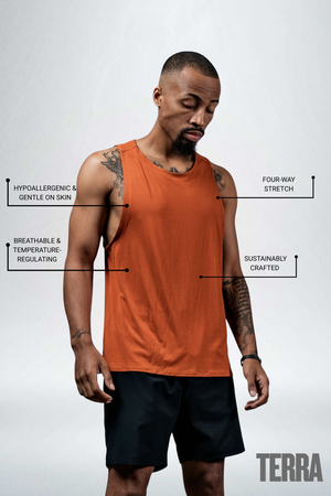 Men's Terra Recovery Tank Top in Sunfire Clay by Hot Trend Vault, showcasing a comfortable sleeveless design for active recovery and movement.