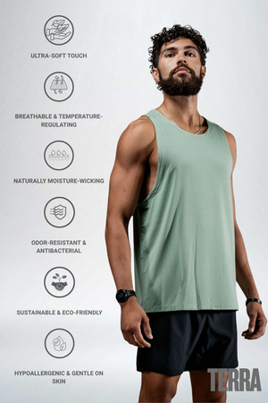 Men's olive green Terra Recovery Tank top by Hot Trend Vault, casual low-light outdoor style, lightweight and comfortable for everyday movement.