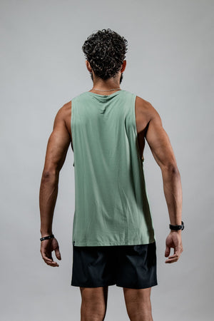 Men's olive green Terra Recovery Tank top by Hot Trend Vault, featuring a low-light design for everyday movement.