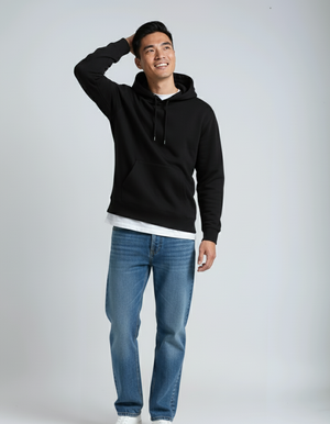 Black heavyweight fleece hoodie by SpectraUSA, premium 10 oz cotton-polyester blend, with a cozy pullover design.