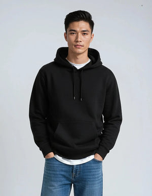 Black heavyweight fleece pullover hoodie by SpectraUSA, made from 10 oz cotton-polyester blend, shown in front view.