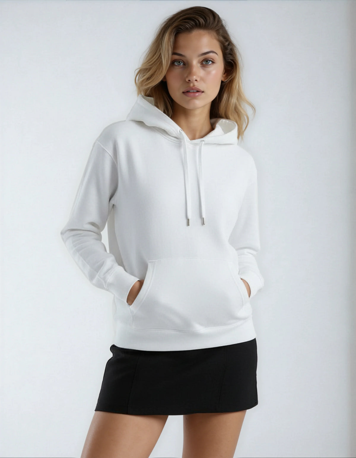 Women's white heavyweight fleece hoodie by SpectraUSA, P2016 premium 10 oz cotton-polyester blend, shown on a model.