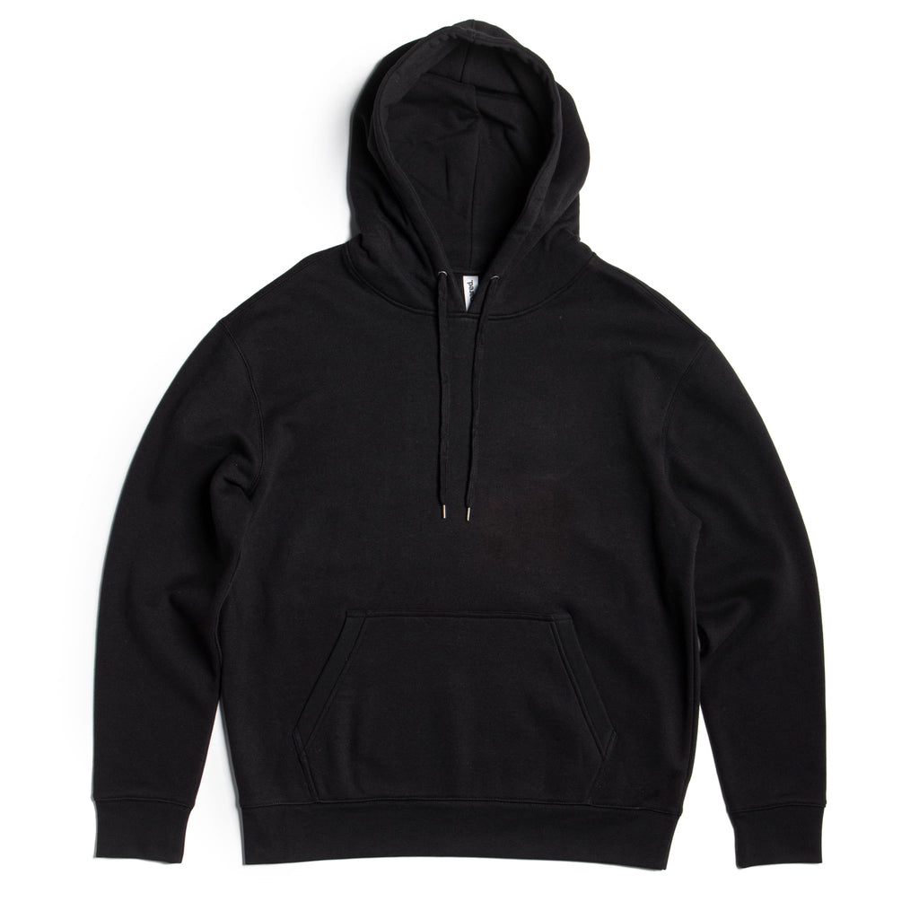 Black men's heavyweight fleece hoodie by SpectraUSA, made from 10 oz cotton-polyester blend, with a cozy, durable pullover design.