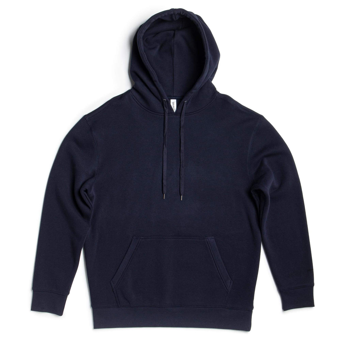 Men's navy heavyweight fleece hoodie by SpectraUSA, P2016 premium 10 oz cotton polyester blend pullover with hood and front pocket.
