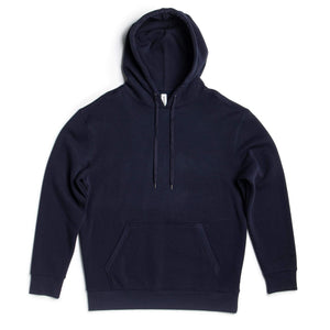 Men's navy heavyweight fleece hoodie by SpectraUSA, P2016 premium 10 oz cotton polyester blend pullover with hood and front pocket.