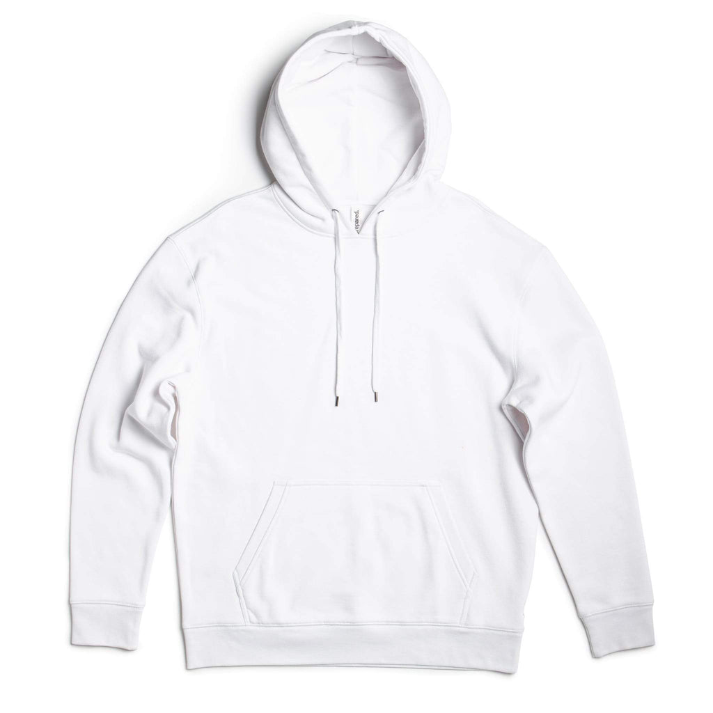 White heavyweight fleece hoodie by SpectraUSA, men's pullover with 10 oz cotton-polyester blend and adjustable hood.