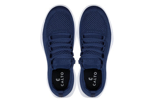 Hot Trend Vault CALTO QA063 lightweight knitted navy sneakers with white sole and 2.4-inch lift, athletic and stylish.