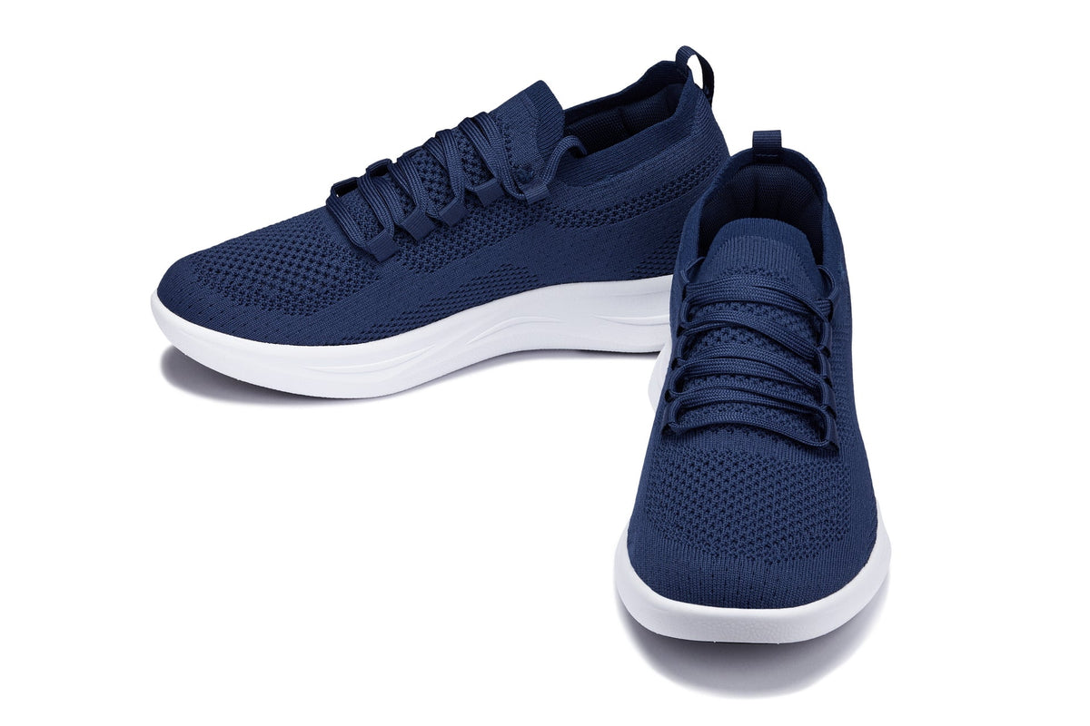 Hot Trend Vault CALTO QA063 navy knitted sneakers with white sole and 2.4-inch lift, athletic footwear for casual wear.