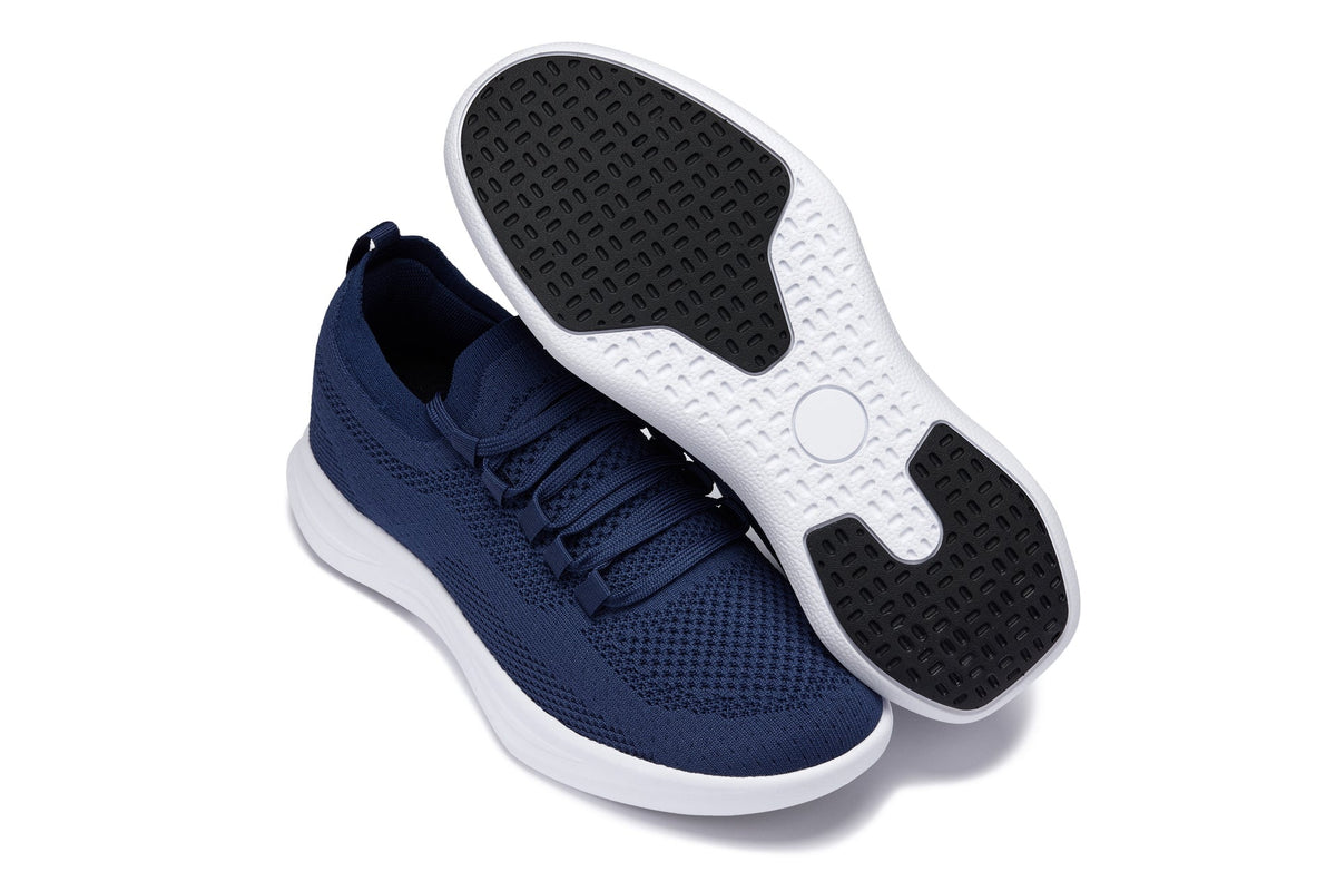 Hot Trend Vault CALTO QA063 lightweight navy knitted sneakers with white sole and 2.4-inch lift, athletic and stylish.