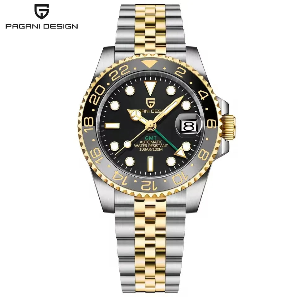 Luxury PAGANI DESIGN GMT men's watch with sapphire crystal, automatic movement, 40mm case, featuring a stylish design.