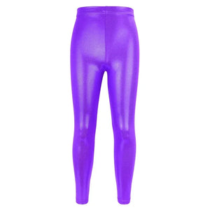 Girls shiny metallic ballet leggings by Hot Trend Vault, breathable high-elastic dance pants with a glossy finish for costumes.