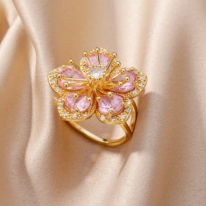 Elegant green zircon flower ring for women by ICFTZWECN, 18K gold-plated stainless steel wedding jewelry gift.