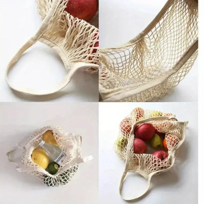 Reusable mesh grocery bag by Hot Trend Vault, washable eco-friendly shopping bag for eco-conscious shoppers, with a breathable mesh design.
