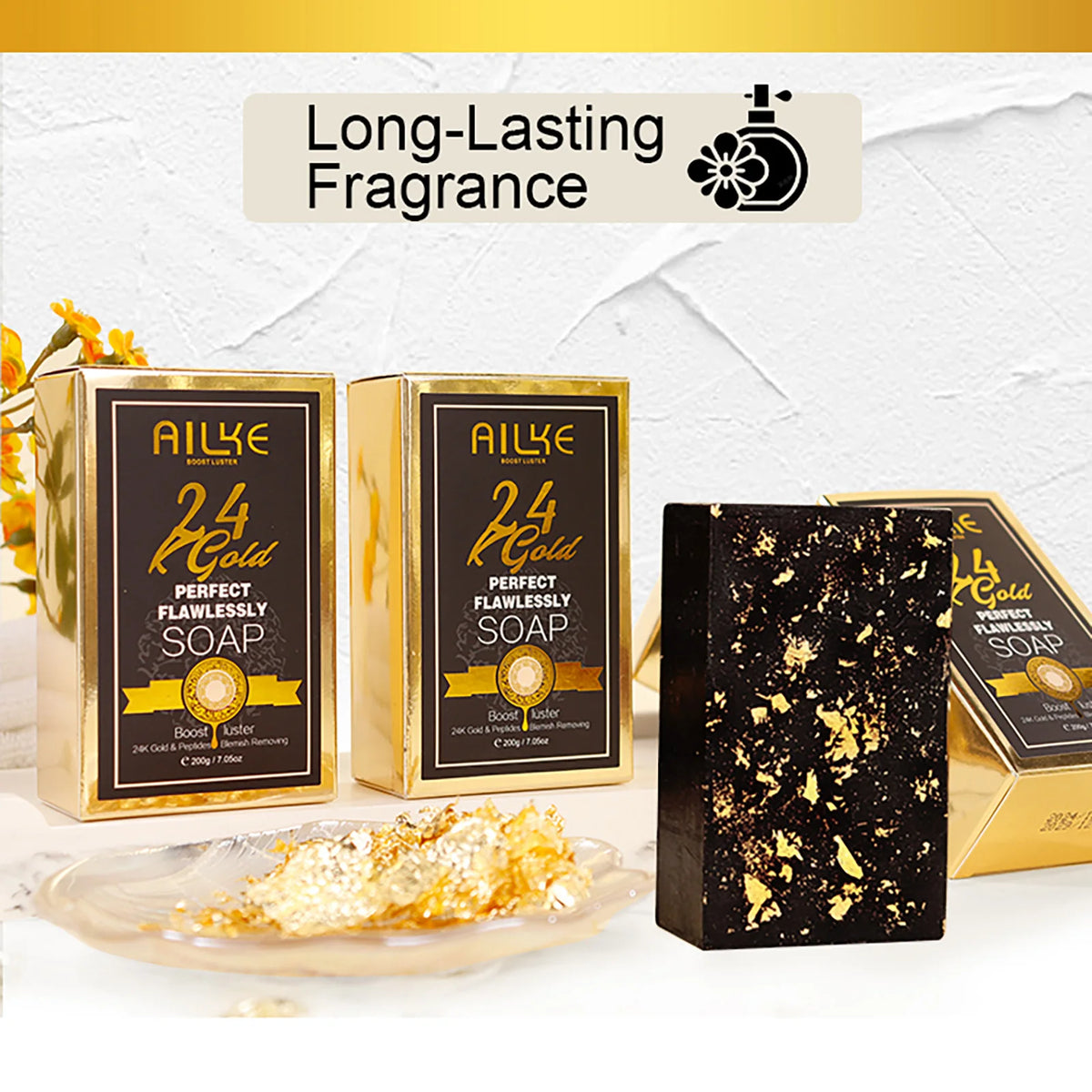 Close-up of AILKE 24K Gold Collagen Whitening serum bottle by Hot Trend Vault with gold accents and sleek packaging.