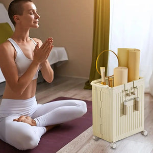 Hot Trend Vault yoga mat storage with wheels, folding organizer for yogis, featuring a sleek design and convenient mobility.